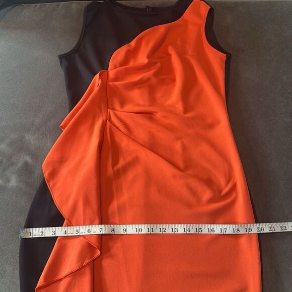 Women’s Black & Orange Asymmetrical Ruffled Front Midi Dress Zip Up Back Size M - Picture 10 of 13